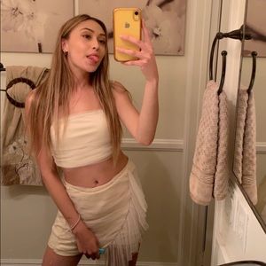 Mesh Overlay Cami Crop Top & Ruffle Trim Skirt Set